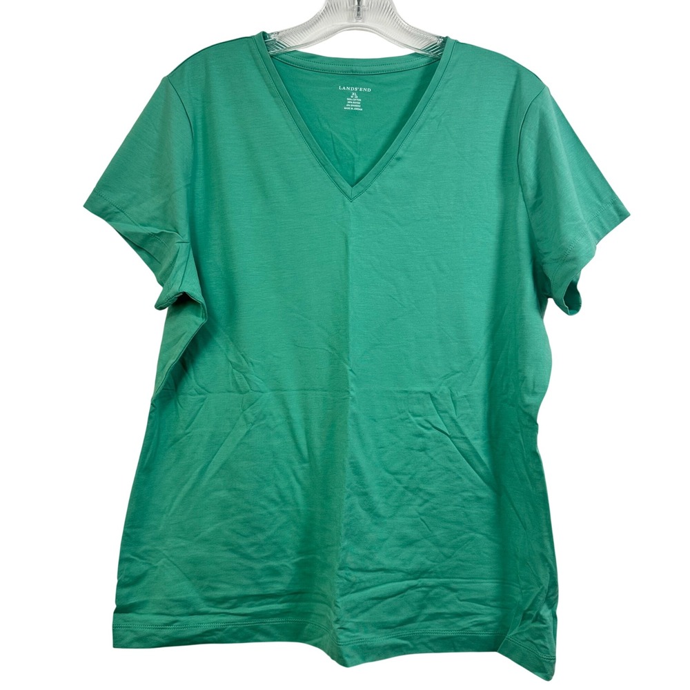 Lands End Womens XL Green Cotton Blend V-Neck Short Sleeve T-Shirt Tee